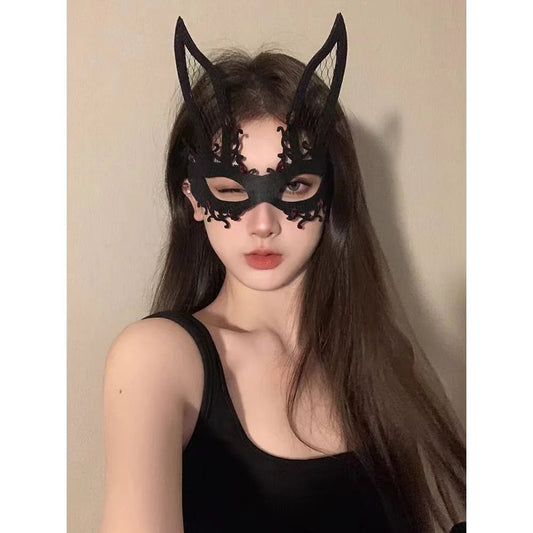 Elegant black lace half face masquerade mask with intricate gothic design for fancy dress, Halloween, and themed events.