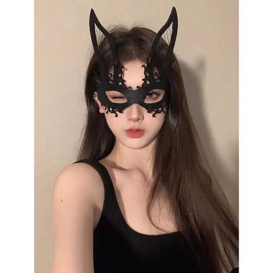 Elegant black lace half face masquerade mask by MANDOTOS INTERNATIONAL, perfect for gothic-themed events and Halloween costumes.