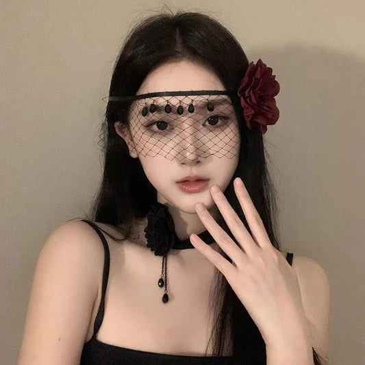 Mandotos International lace half-face masquerade mask with gothic design, elegant for fancy dress, Halloween, and themed events.