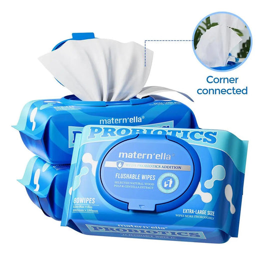 Matern'ella eco-friendly probiotic travel wipes with plant fibers, fragrance-free, in a portable pack for on-the-go freshness.