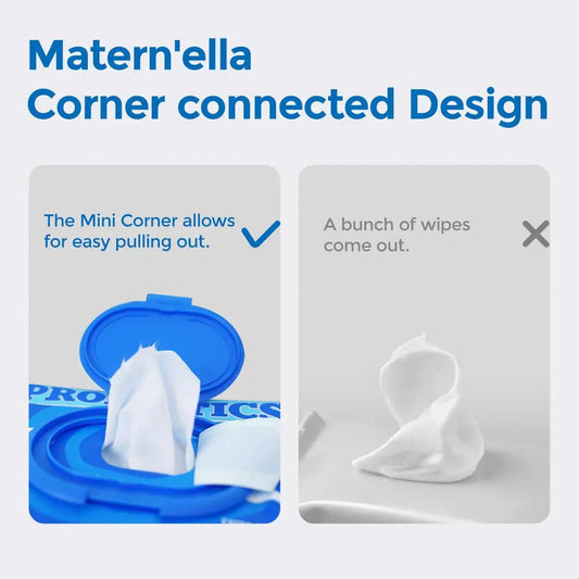 Mandotos International Matern'ella eco-friendly probiotic travel wipes with plant fibers, fragrance-free, shown in the image.