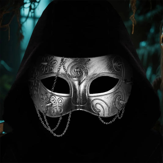 Medieval Knight Armor half face mask for adults, masquerade costume accessory by MANDOTOS INTERNATIONAL, featuring detailed metallic design.