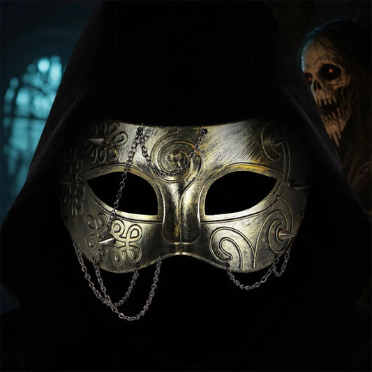 Medieval knight armor half face mask for adults, masquerade costume accessory by MANDOTOS INTERNATIONAL, with metallic details and authentic design.