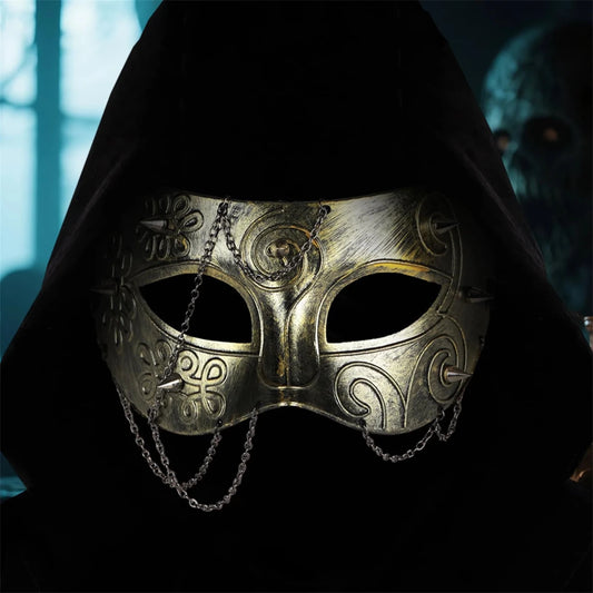 Mandotos International medieval knight armor half face mask for adults, masquerade costume accessory with metallic finish.