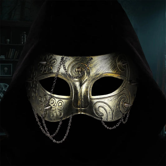 Medieval Knight armor half face mask for adults, masquerade costume accessory, by MANDOTOS INTERNATIONAL, detailed metal design.