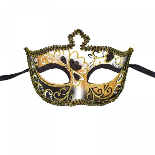 Men's glitter half face mask by MANDOTOS INTERNATIONAL, ideal for masquerade balls and Halloween costumes, with shimmering design.