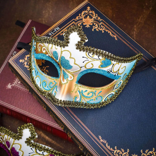 Men's glitter half face mask for masquerade ball and Halloween, featuring sparkling design by MANDOTOS INTERNATIONAL.