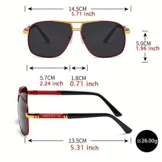 Mandotos International men's large frame sunglasses with black to red gradient TAC lenses, full-rim iron frame, polished finish.