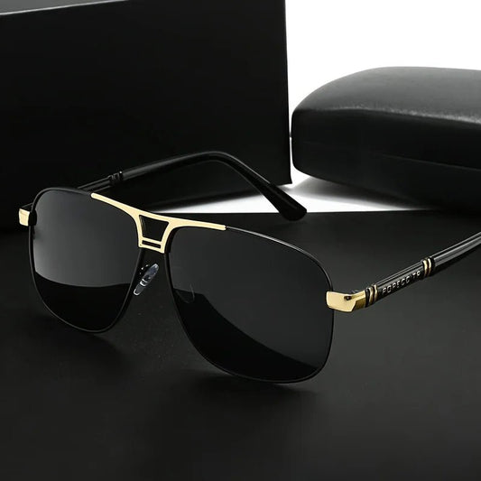 Men's large black to red gradient TAC lens sunglasses with full-rim iron frame, polished finish and easy-clean lens surface.