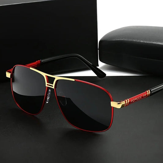 Men's large frame sunglasses with black to red gradient TAC lenses, full-iron rim, polished finish, and easy-clean lens surface.