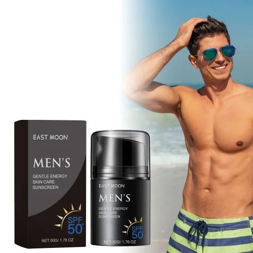 Men's outdoor summer sunscreen moisturizer by MANDOTOS International with UV protection, visible in a sleek tube.
