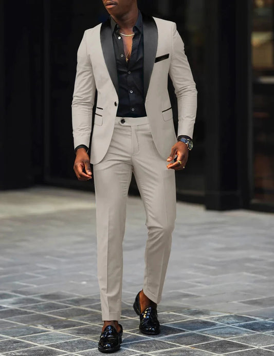 Men's slim-fit business casual suit jacket and trousers by MANDOTOS INTERNATIONAL, tailored fit for professional style.