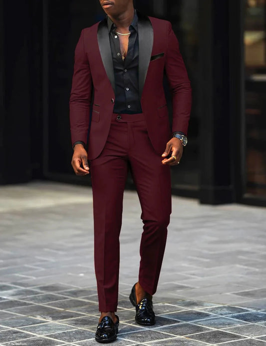 Men's slim-fit business casual suit jacket and trousers by MANDOTOS INTERNATIONAL, tailored for a sharp, modern look.