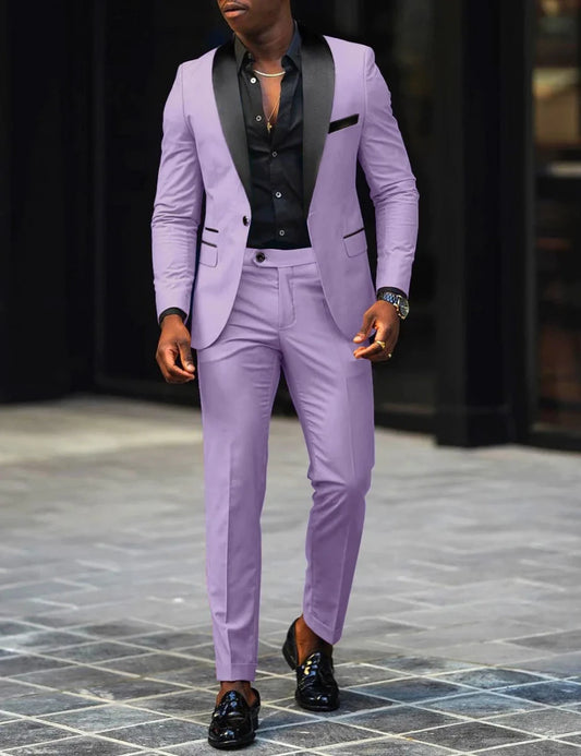 Men's slim-fit business casual suit jacket and trousers by MANDOTOS INTERNATIONAL, tailored fit with classic lapel and clean lines.