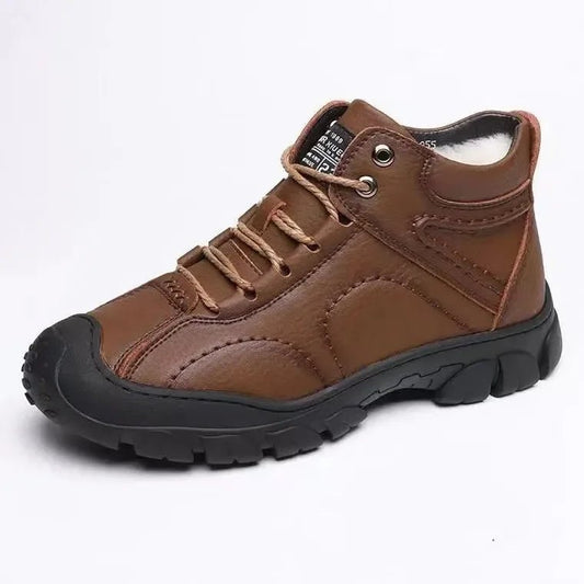 Men's winter ankle boots by MANDOTOS INTERNATIONAL, waterproof and non-slip work shoes with sturdy soles and warm lining.
