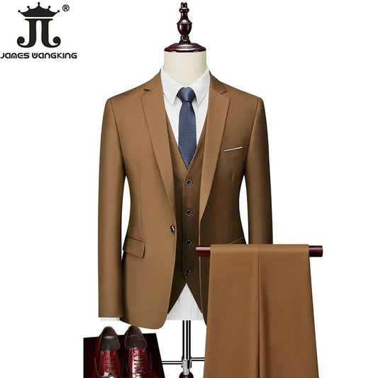 Men's 3-piece business suit set by Mandotos International with jacket, vest, and pants in various sizes and colors.