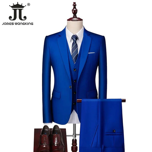 Men's 3-piece business suit set by Mandotos International, includes jacket, vest, and pants in various sizes and colors.