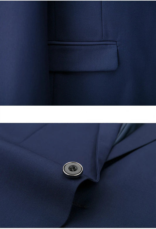 Men's 3-piece business suit set by MANDOTOS INTERNATIONAL including jacket, vest, and pants in various sizes and colors.
