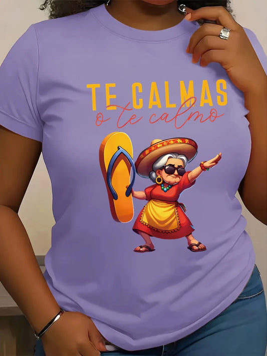 Mandotos International Mexican Mama print T-shirt for women, casual short sleeve round neck top in polyester knit fabric.