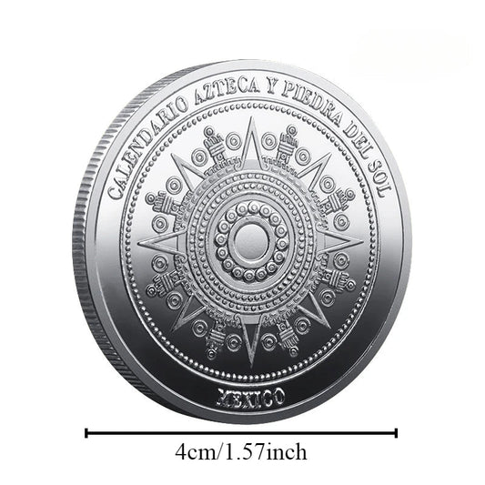 Mexican Maya Calendar and Aztec Commemorative Coins Set by MANDOTOS INTERNATIONAL displayed together in a display case.