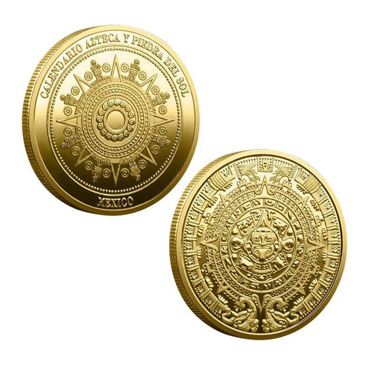 Mexican Maya Calendar and Aztec Commemorative Coins Set by MANDOTOS INTERNATIONAL, featuring detailed ancient calendar and coin designs.