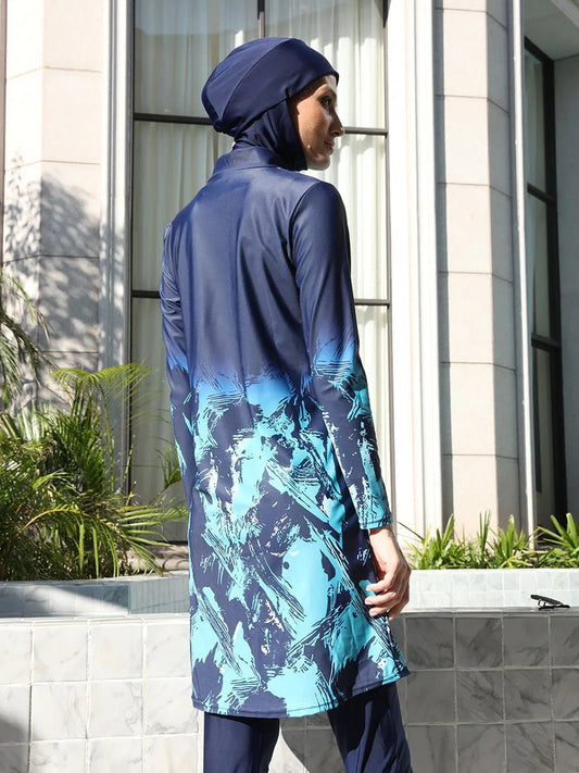 Mandotos International modest coverage Muslim burkini in navy blue, stylish and functional swimwear for middle-aged women.