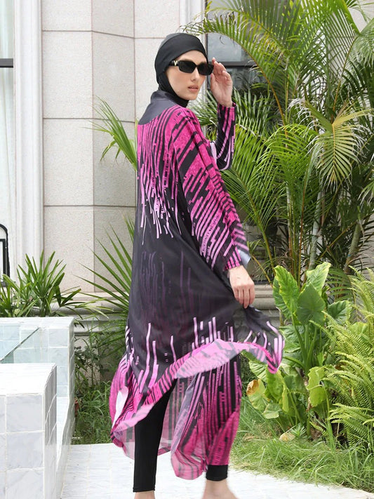 Mandotos International modest coverage Muslim burkini in navy blue, stylish swimwear with full coverage for middle-aged women.