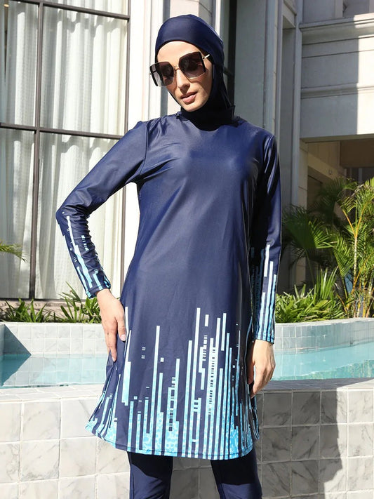 Stylish MANDOTOS INTERNATIONAL modest Muslim burkini with full coverage, suitable for middle-aged women, ideal for comfortable swimming.
