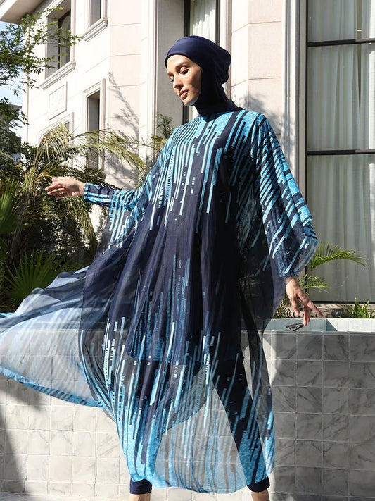 Mandotos International modest coverage Muslim burkini, stylish and functional swimwear for middle-aged women, in navy blue with full coverage.