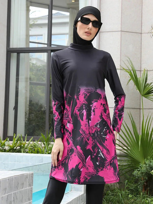Mandotos International modest coverage Muslim burkini, stylish swimwear for middle-aged women, featuring full-coverage design in vibrant fabric.