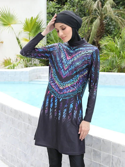 Mandotos International modest Muslim burkini with full coverage, stylish design, and functional swimwear for middle-aged women in navy blue.