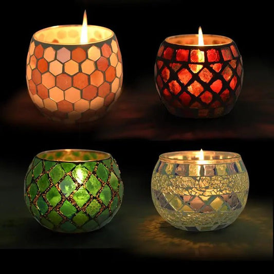 Mosaic glass tealight holder by Mandotos International, elegant wedding and party centerpiece with colorful glass pattern.