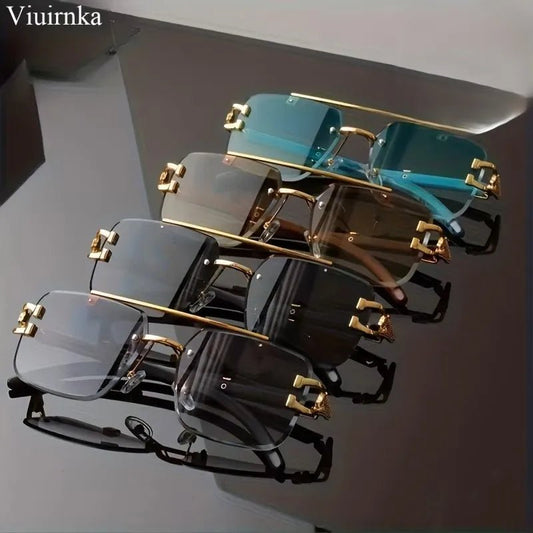 Bridge rimless square sunglasses by Mandotos International with trendy leopard print and wood grain design for men and women.