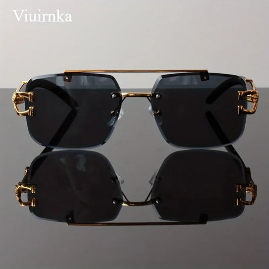 Mandotos International rimless square sunglasses with leopard print and wood grain design for men and women.