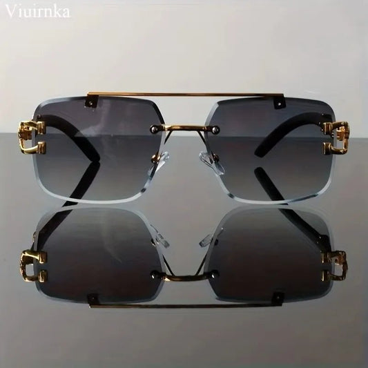 Rimless square sunglasses by MANDOTOS INTERNATIONAL with leopard print and wood grain design, suitable for men and women.