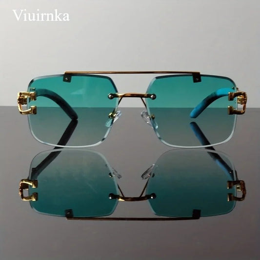 Bridge rimless square sunglasses by MANDOTOS INTERNATIONAL with trendy leopard print and wood grain design for men and women.