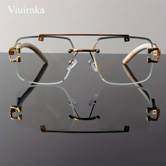 Rimless square sunglasses by MANDOTOS INTERNATIONAL with leopard print and wood grain design for men and women.