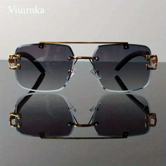 Bridge rimless square sunglasses by Mandotos International with trendy leopard print and wood grain design for men and women.