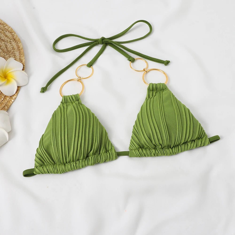 NEW Sexy Solid Color Circular Ring Special Fabric V-neck Backless Split Bikini Set Beach Wear Women Swimwear Custom - MANDOTOS INTERNATIONAL