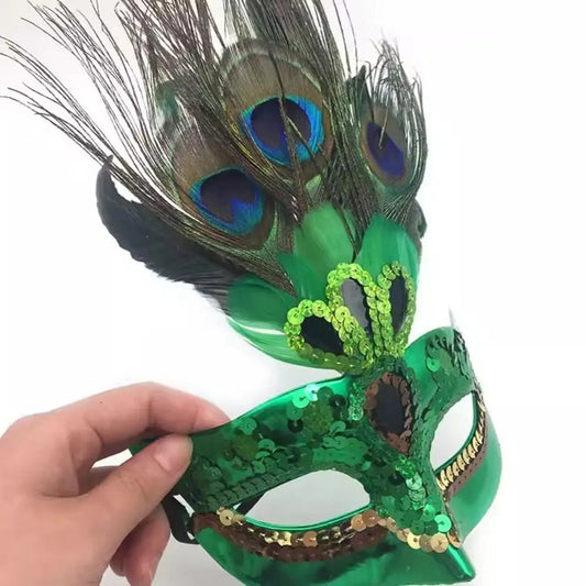 Mandotos International peacock feather mask with hollow design, plastic Venice carnival mask for nightclub and party events.