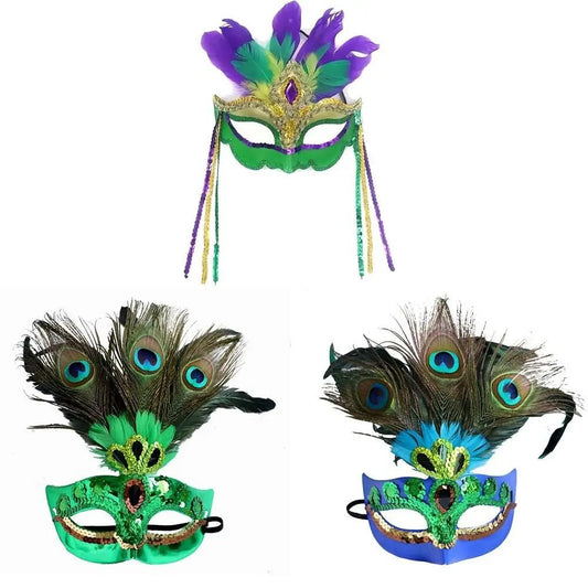 Mandotos International peacock feather mask for parties, featuring plastic hollow-out design, ideal for masquerades and carnival events.