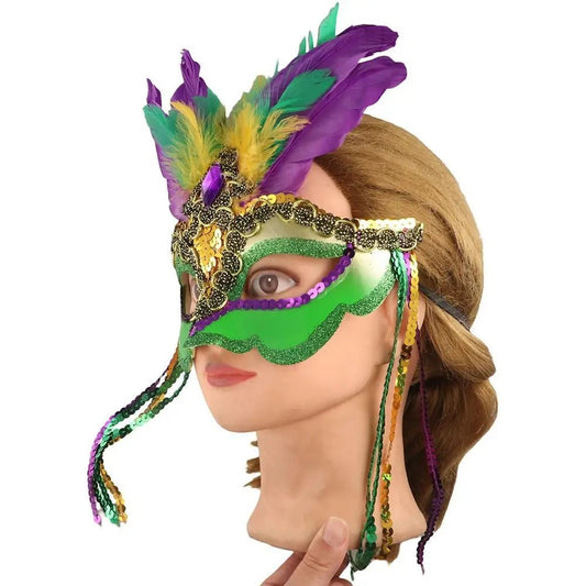 Mandotos International peacock feather masquerade mask with hollow design, plastic carnival mask for nightclub and party events.