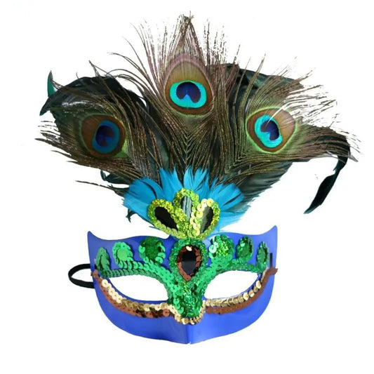 Mandotos International peacock feather masquerade mask with hollow-out design, ideal for nightclub and carnival parties.
