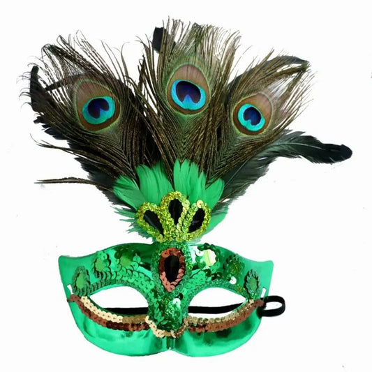 Mandotos International peacock feather masquerade mask with hollow design, plastic carnival mask for nightclub parties and Venice-themed events.