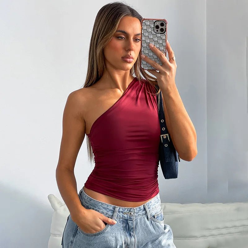 One Shoulder Backless Tank Top - Candy Color Sleeveless Casual T-Shirt - MANDOTOS INTERNATIONAL