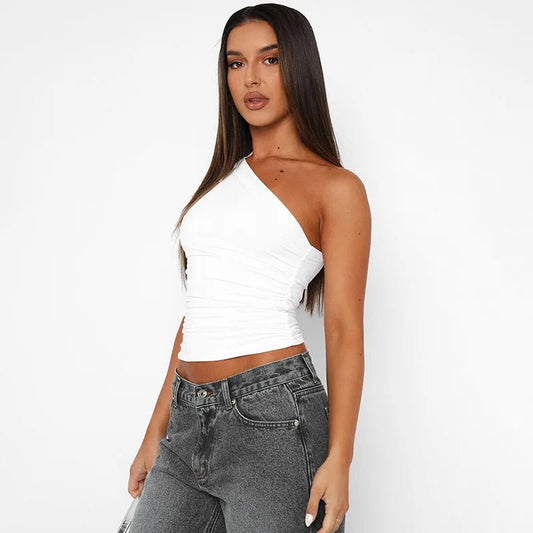 Mandotos International one-shoulder backless tank top in candy color, sleeveless casual T-shirt with a stylish, modern fit.
