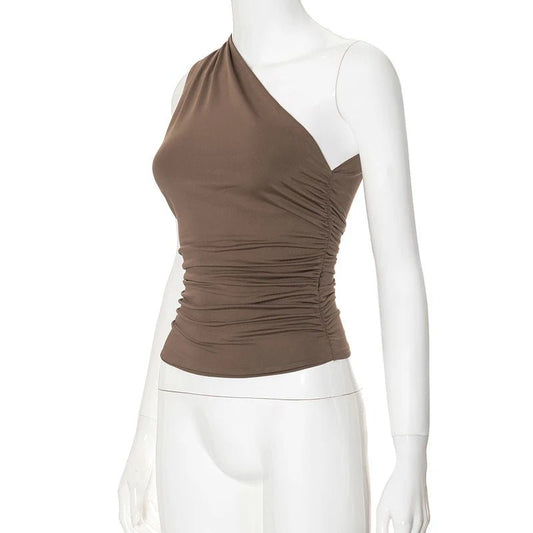 Mandotos International one-shoulder backless tank top in vibrant candy color, sleeveless casual T-shirt for women.