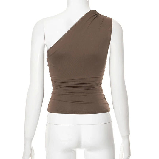 Mandotos International one-shoulder backless tank top in vibrant candy color, sleeveless casual t-shirt for women.