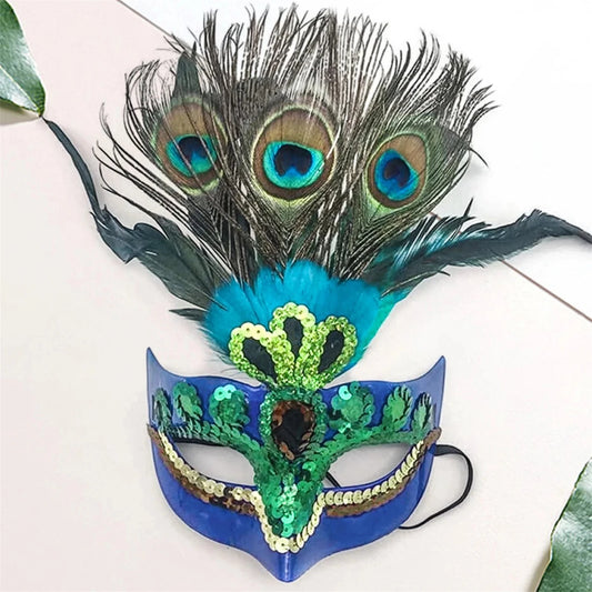 Peacock feather headpiece for women, ideal for Halloween, Mardi Gras, carnival, and cosplay events, by MANDOTOS INTERNATIONAL.