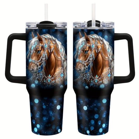 Personalized 40oz stainless steel travel coffee mug with handle by MANDOTOS INTERNATIONAL, shown with a sleek design and secure lid.